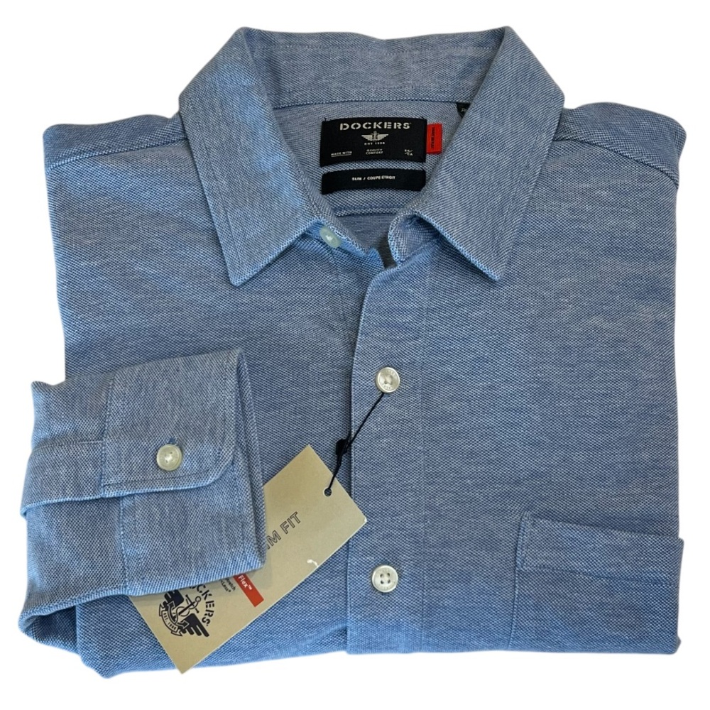 Dockers Smart 360 Flex Slim Fit Casual Button Down Shirt Blue NWT Medium